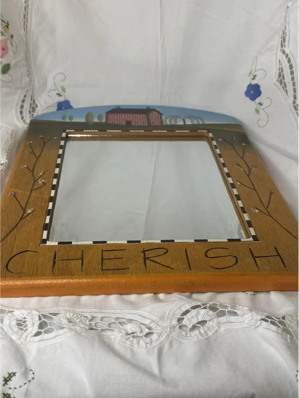 Hand Painted Folk Art Cottage Core Wooden Wall Mirror with 'Cherish' Design